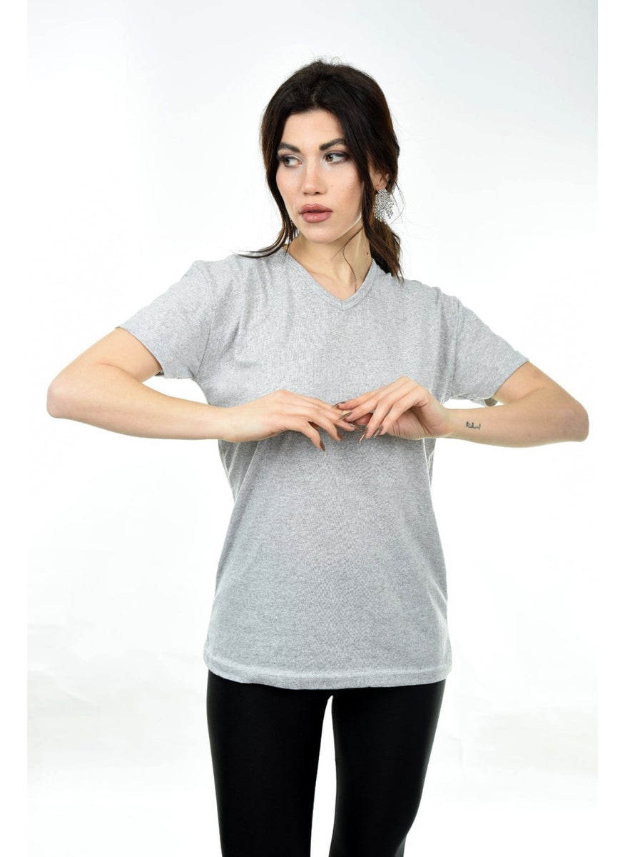 Belifanti Collection V-Neck Basic Women's T-Shirt Gray  - Image 2