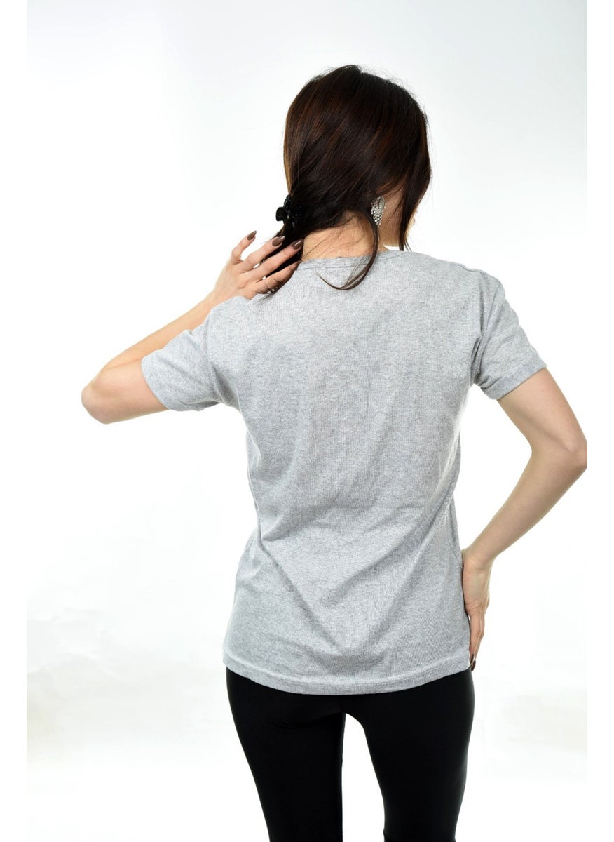 Belifanti Collection V-Neck Basic Women's T-Shirt Gray  - Image 3