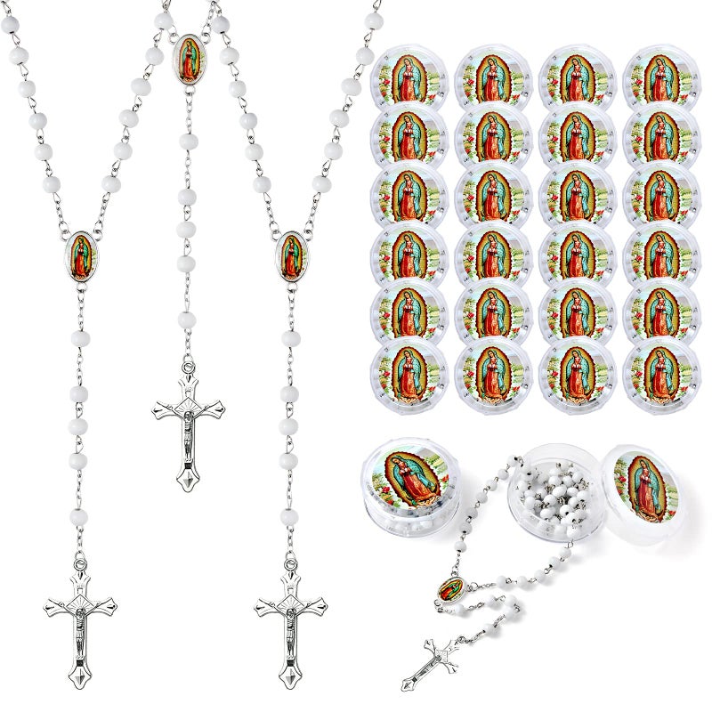 Brilucky 24 PCS White Rosary Beads Bulk For Baptism Favors,Lady Guadalupe Rosarios Catolicos First Communion Favors For Guests,Rosary Beads Necklace Gifts For Christian Quinceanera Party - Image 1