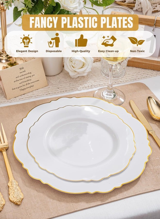 WDF 60pcs Gold Plastic Dinner Plates -10.25inch Baroque White and Gold Wedding Plates Fancy Heavy Duty Fall Plastic Plates for Upscale Thanksgiving Parties & Wedding & Birthday - Image 3
