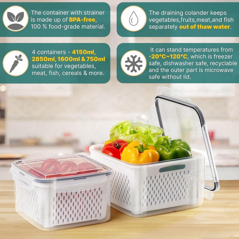 ABOUT SPACE Pp Plastic 4 Pcs Fridge Storage Boxes With Removable Strainer Air Tight Large Fruit Containers Organizer Meat Fish Container 4150 Ml 2850 Ml 1600 Ml 750 Ml Transparent - Image 5
