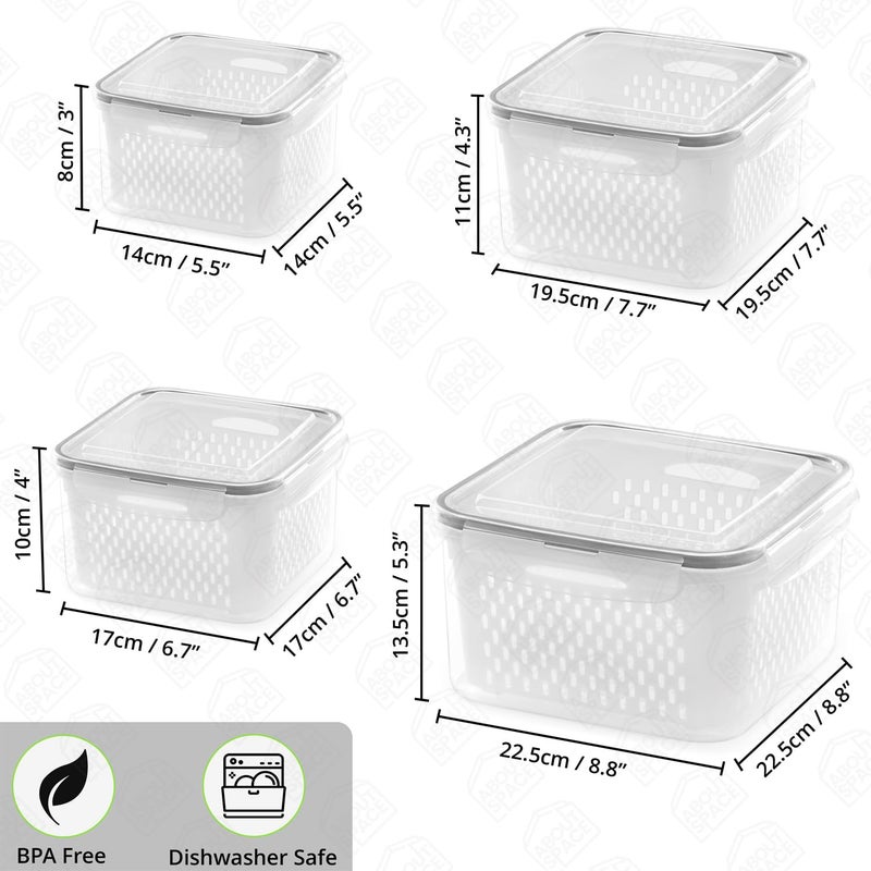 ABOUT SPACE Pp Plastic 4 Pcs Fridge Storage Boxes With Removable Strainer Air Tight Large Fruit Containers Organizer Meat Fish Container 4150 Ml 2850 Ml 1600 Ml 750 Ml Transparent - Image 2