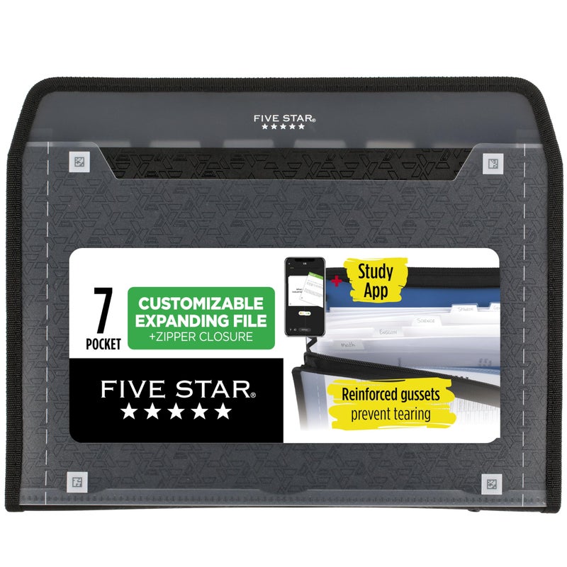 Five Star Expanding File Organizer + Study App, 7-Pocket Accordian File Organizer, Zipper Closure, Holds 8-1/2" x 11" Paper, Black (72709) - Image 1