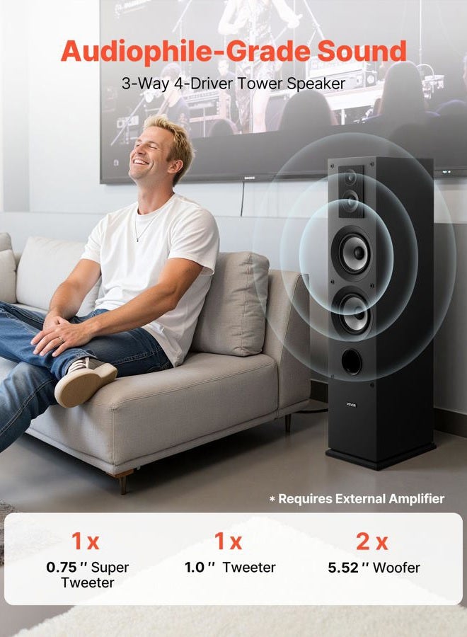 VEVOR Floorstanding Speaker, 3 Way System with 3/4" Tweeter, Dual 5.25" Woofer, 145W Peak, 70Hz-20KHz Frequency Response, MDF Enclosure for Home Audio, Single - Image 2