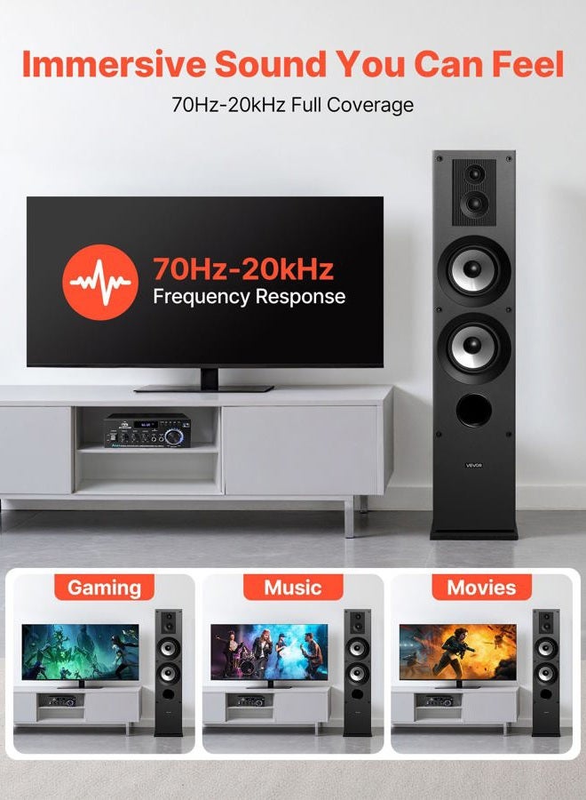 VEVOR Floorstanding Speaker, 3 Way System with 3/4" Tweeter, Dual 5.25" Woofer, 145W Peak, 70Hz-20KHz Frequency Response, MDF Enclosure for Home Audio, Single - Image 4