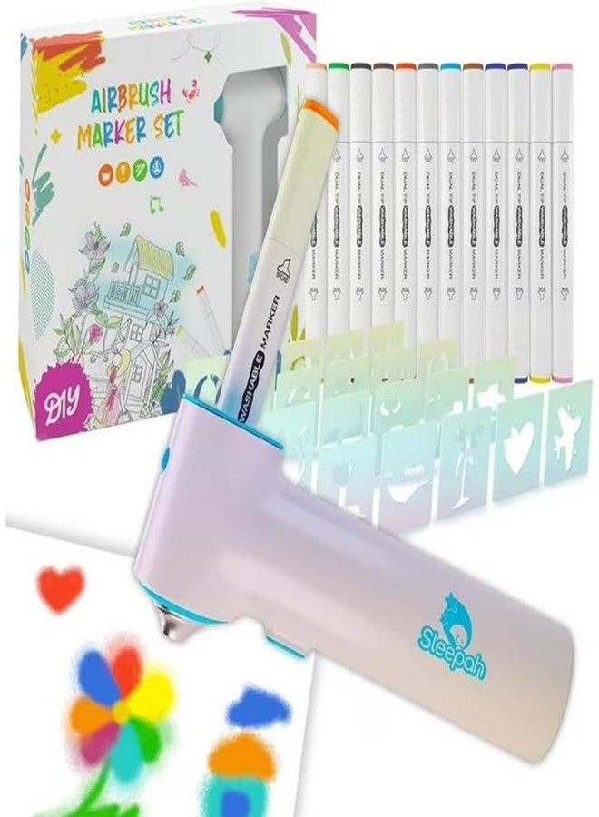 Sleepah Air Brush Marker Set for Kids Includes 12 Washable Markers 20 Stencils Gift for Ages 5 6 7 8 9 Years Old - Great Arts & Crafts Set - Image 1