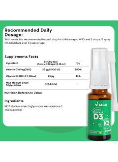 VITAGO Plant-Based D3 Spray, Vitamin K2 - 1000 IU, Drops/Spray-  20ml  - Image 4