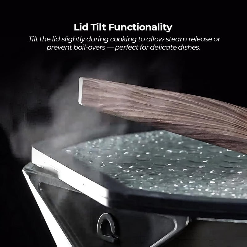 Blacksmith قدر كسرولة غير لاصقة مع غطاء زجاجي | موقد تحريضي | مقبض خشبي | للطهي، التقديم، الهدايا | مثالي للبرياني، الكاري، والمزيد | سعة 4 لترات تكفي 4-5 أشخاص - Image 2