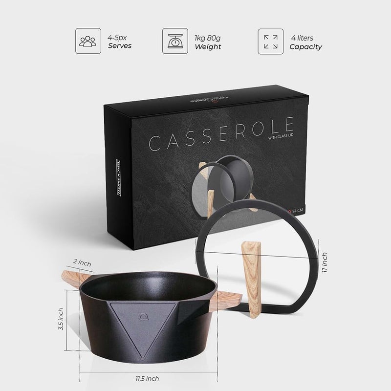 Blacksmith قدر كسرولة غير لاصقة مع غطاء زجاجي | موقد تحريضي | مقبض خشبي | للطهي، التقديم، الهدايا | مثالي للبرياني، الكاري، والمزيد | سعة 4 لترات تكفي 4-5 أشخاص - Image 5
