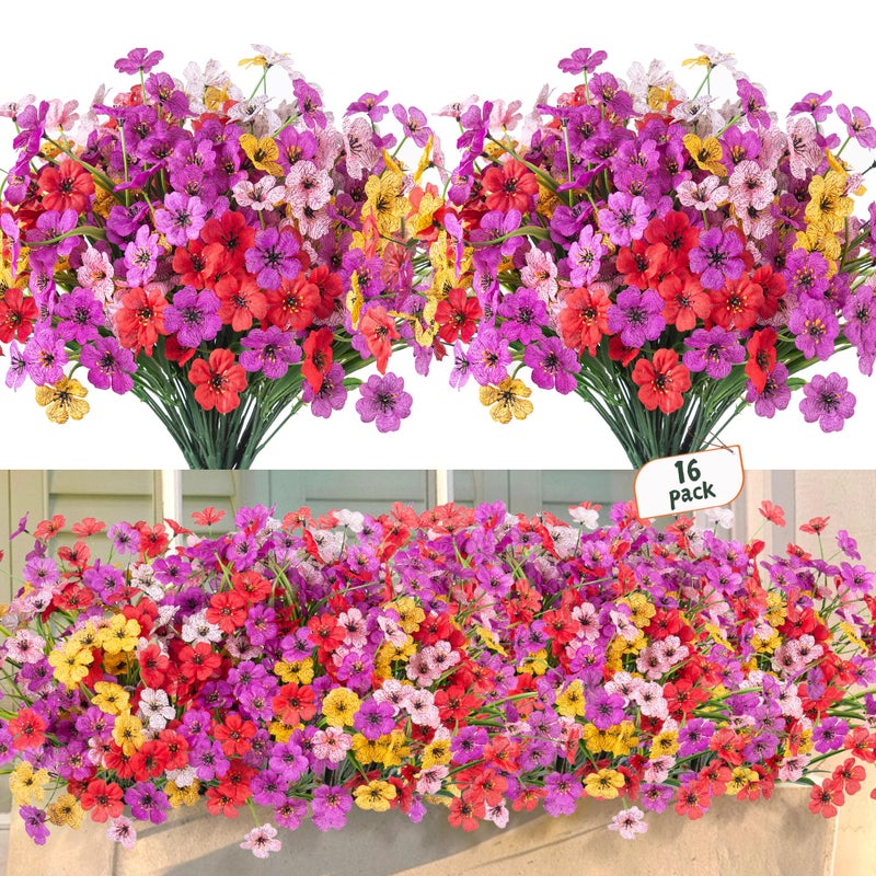Ammyoo Artificial Fake Flowers for Outdoor Spring Decoration, 16 Bundles Faux Flower for Home Garden Porch Window Box, Plastic Greenery Shrubs UV Resistant No Fade Indoor Floral Arrangements (No Basket) - Image 1