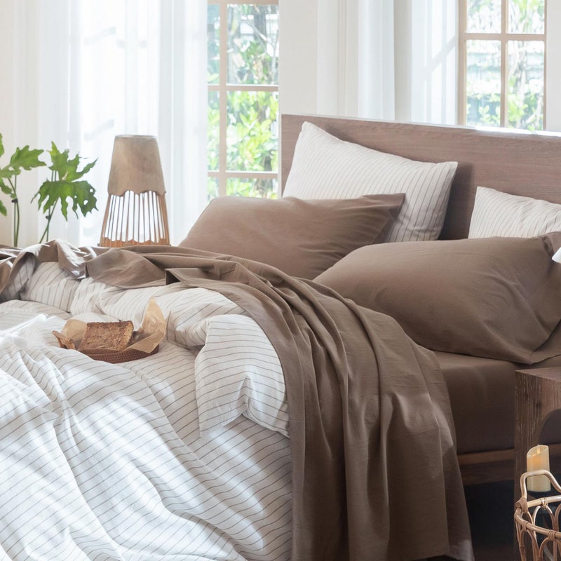 MooMee Bedding Sheet Set 100% Washed Cotton Linen Like Textured Breathable Durable Soft Comfy (Solid Brown, Full) - Image 1