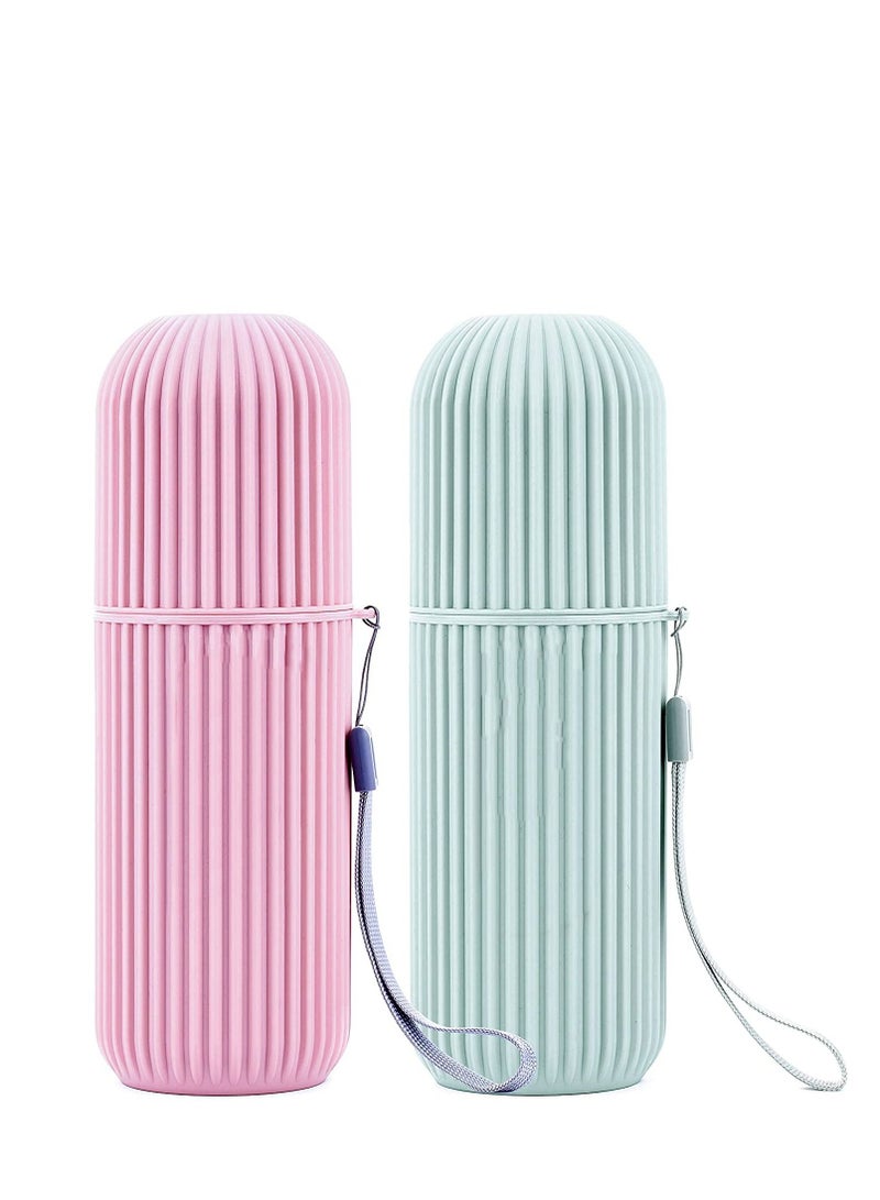 Toothbrush Travel Case, Hard Plastic Tooth Brush Container, Portable Cup Holder for Storage Toothbrushes and Toothpaste (2 Pack Green+Pink) - Image 1