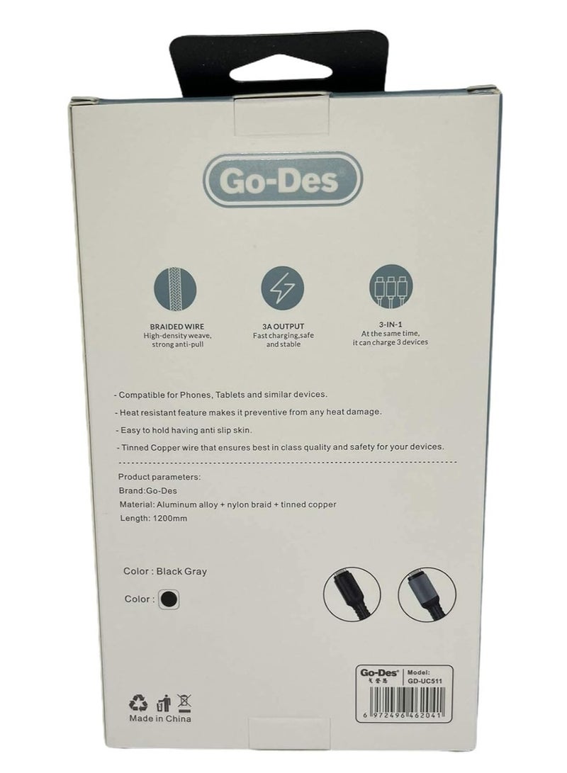 GO-DES GD-UC511 3 in 1 Usb FAST CHARGE Multi Cable 1200mm samsung iphone Huawei - Image 2