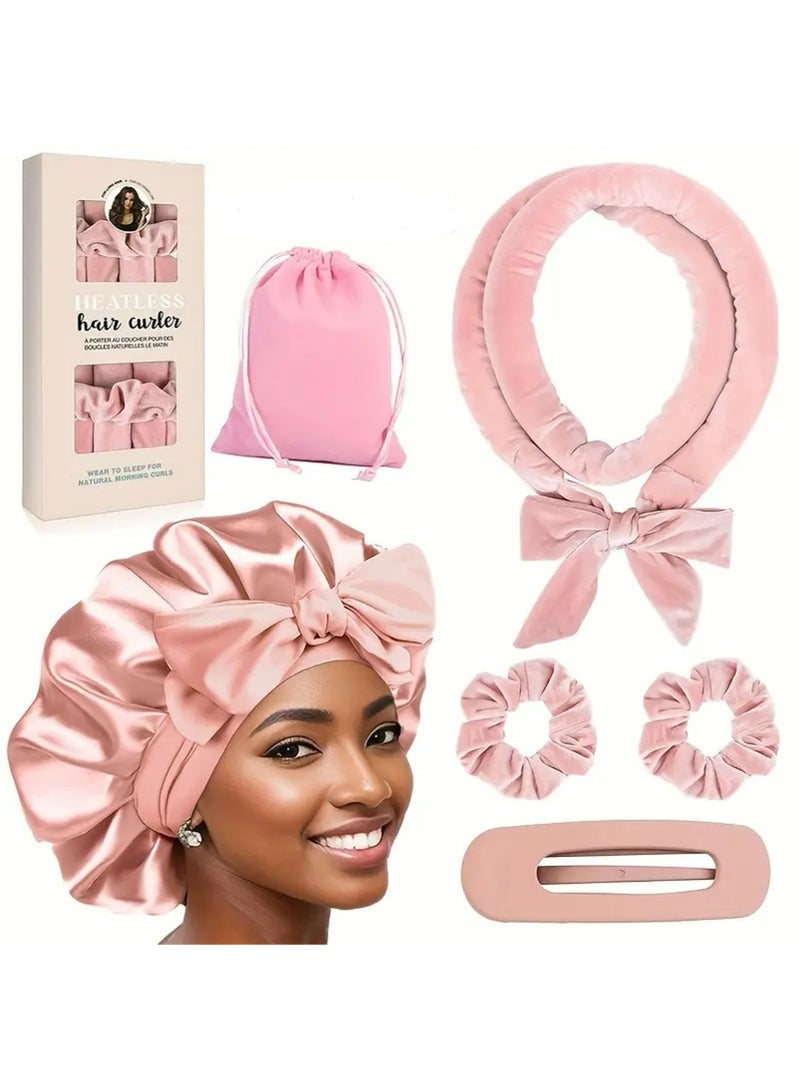 YOUGE Hair Bonnet for Sleeping Women Satin Bonnet Double Layer Satin Lined Hair Bonnet with Tie Band Curly Hair Blush Pink Tie Band and Hair Clips Set - Image 1
