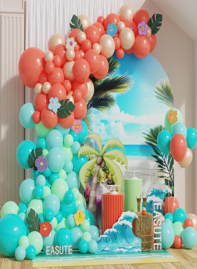 EASUTE 137pcs Moana Birthday Party Supplies, Aqua Blue Coral Pearl Champagne Gold Latex Balloons with Summer Hibiscus Stickers for Tropical Hawaii Luau Tiki Magic Theme Party Supplies - Image 1