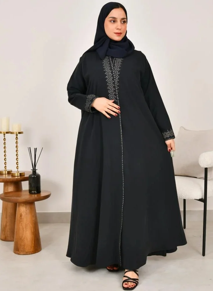 lamha abaya Dark navy blue wrap abaya with a quarter-circle and elegant gold embroidery