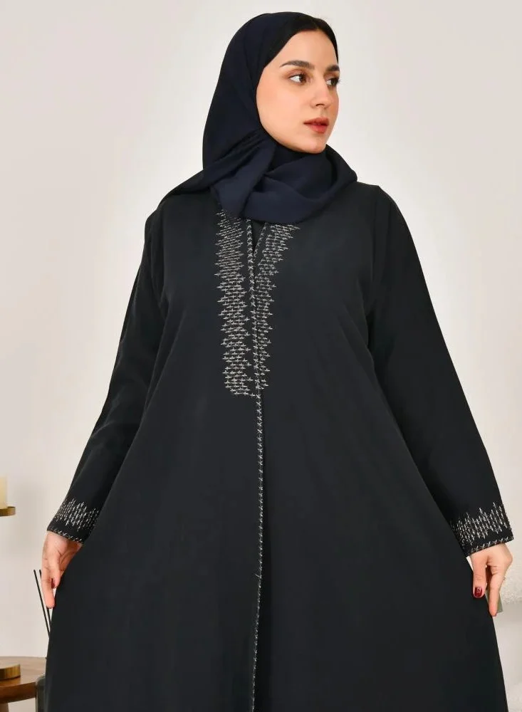 lamha abaya Dark navy blue wrap abaya with a quarter-circle and elegant gold embroidery