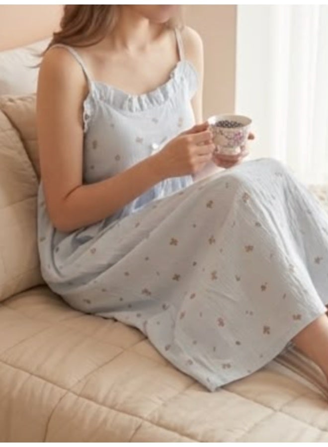 Dreamy Teddy Bear free Size Smocked Nightgown – Soft Ruffle Lounge Dress in Powder Blue - Image 4