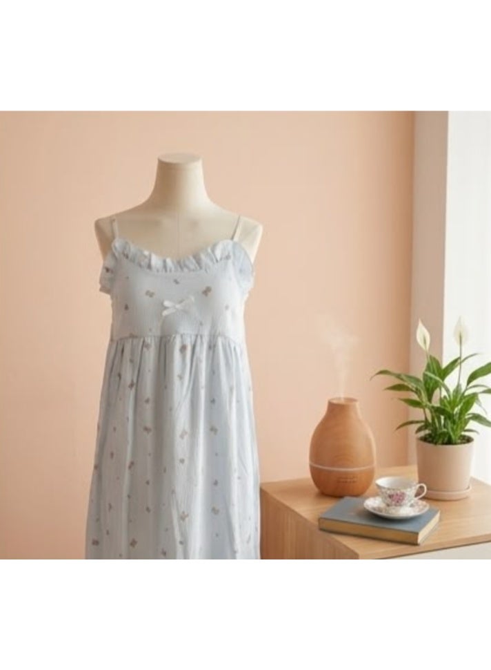 Dreamy Teddy Bear free Size Smocked Nightgown – Soft Ruffle Lounge Dress in Powder Blue - Image 5