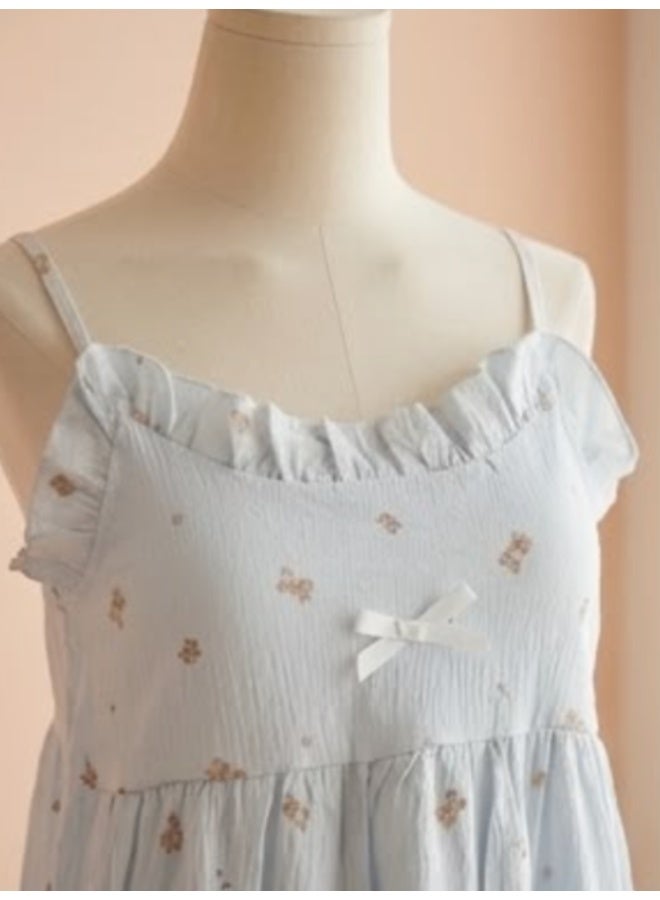 Dreamy Teddy Bear free Size Smocked Nightgown – Soft Ruffle Lounge Dress in Powder Blue - Image 2