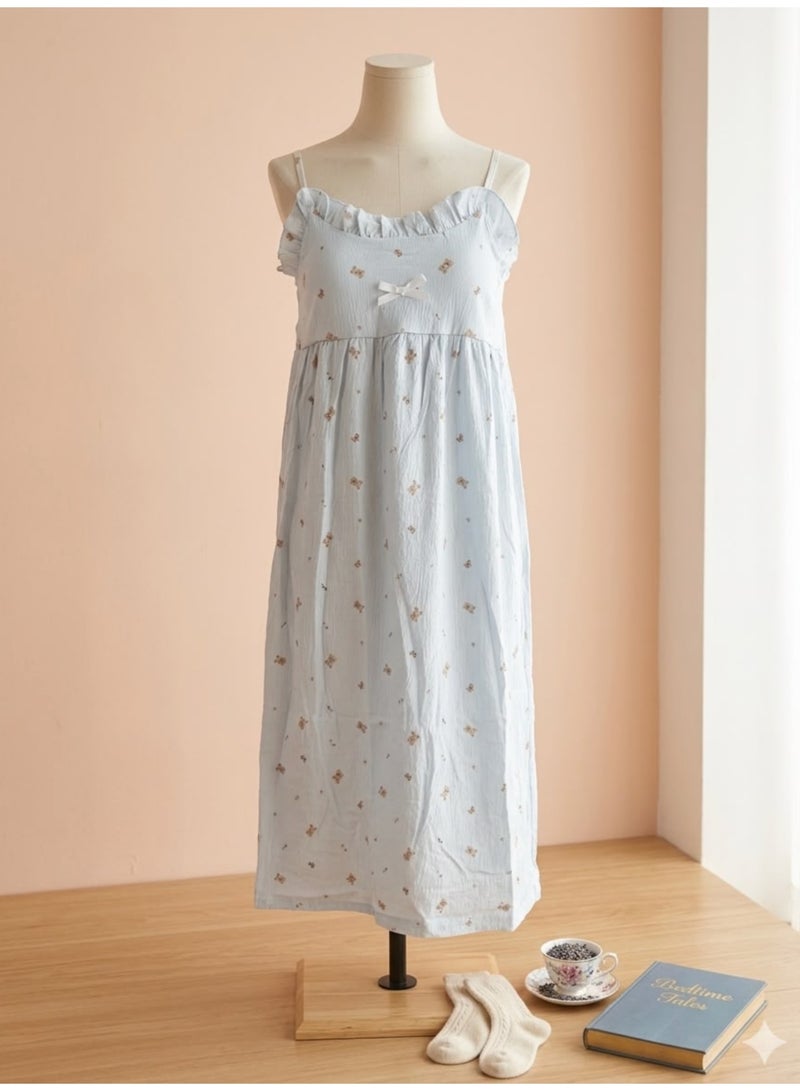 Dreamy Teddy Bear free Size Smocked Nightgown – Soft Ruffle Lounge Dress in Powder Blue - Image 1