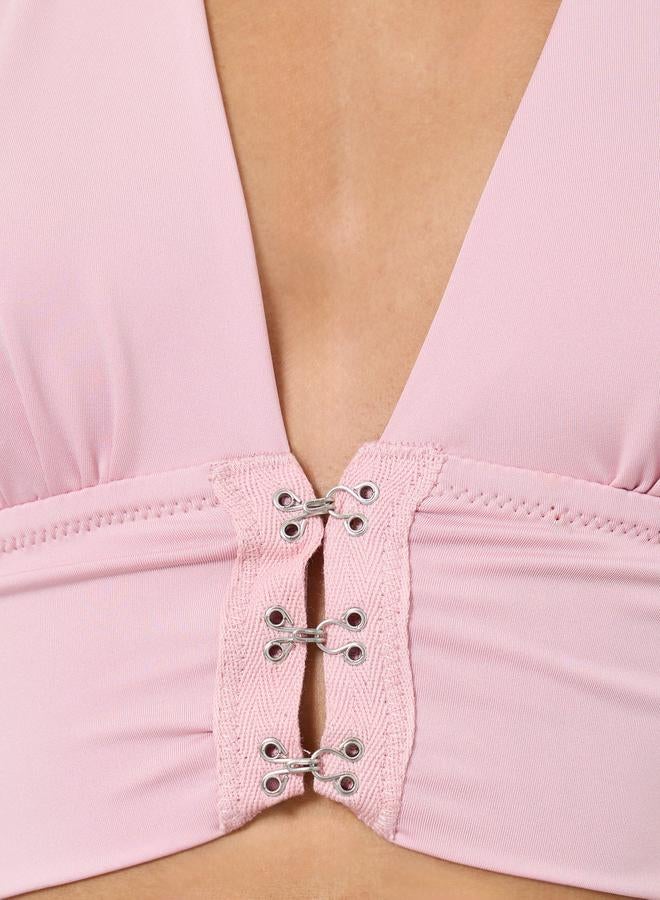 Take Two Solid Hanging Neck Metal Buckle Front Detail Non Wired Bra - Image 2