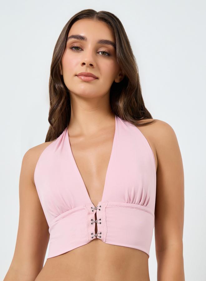 Take Two Solid Hanging Neck Metal Buckle Front Detail Non Wired Bra - Image 1