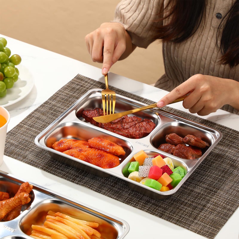 Foaincore 8 Pack 304 Stainless Steel Divided Plates Rectangular Portion Control Plates with Compartments Unbreakable Metal Food Tray for Lunch, Dinner, Camping, Heavy Gauge (4 Compartment) - Image 4