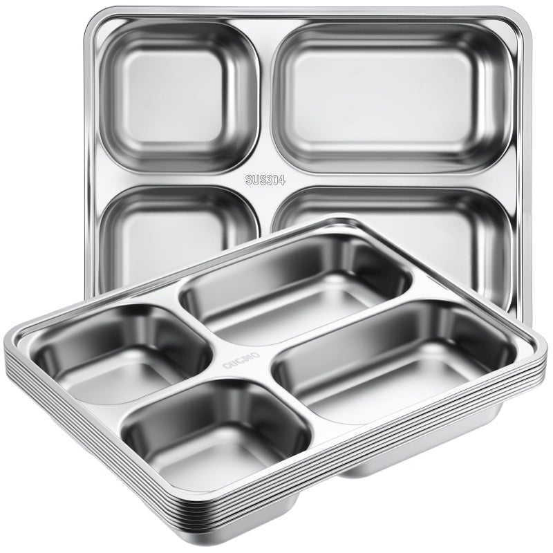 Foaincore 8 Pack 304 Stainless Steel Divided Plates Rectangular Portion Control Plates with Compartments Unbreakable Metal Food Tray for Lunch, Dinner, Camping, Heavy Gauge (4 Compartment) - Image 1