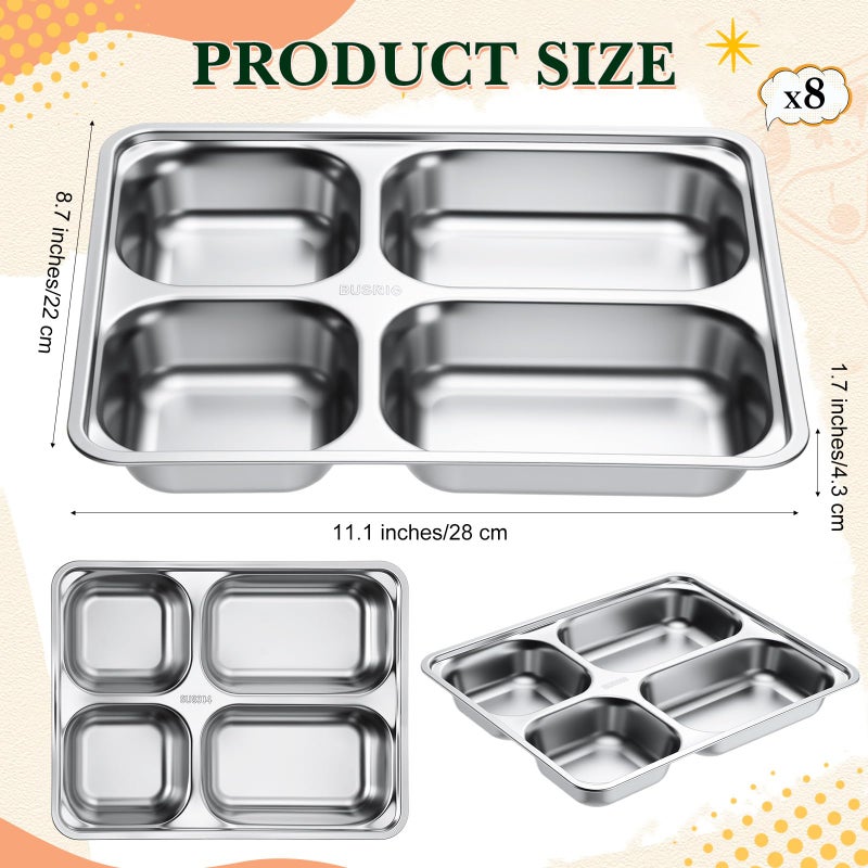Foaincore 8 Pack 304 Stainless Steel Divided Plates Rectangular Portion Control Plates with Compartments Unbreakable Metal Food Tray for Lunch, Dinner, Camping, Heavy Gauge (4 Compartment) - Image 2