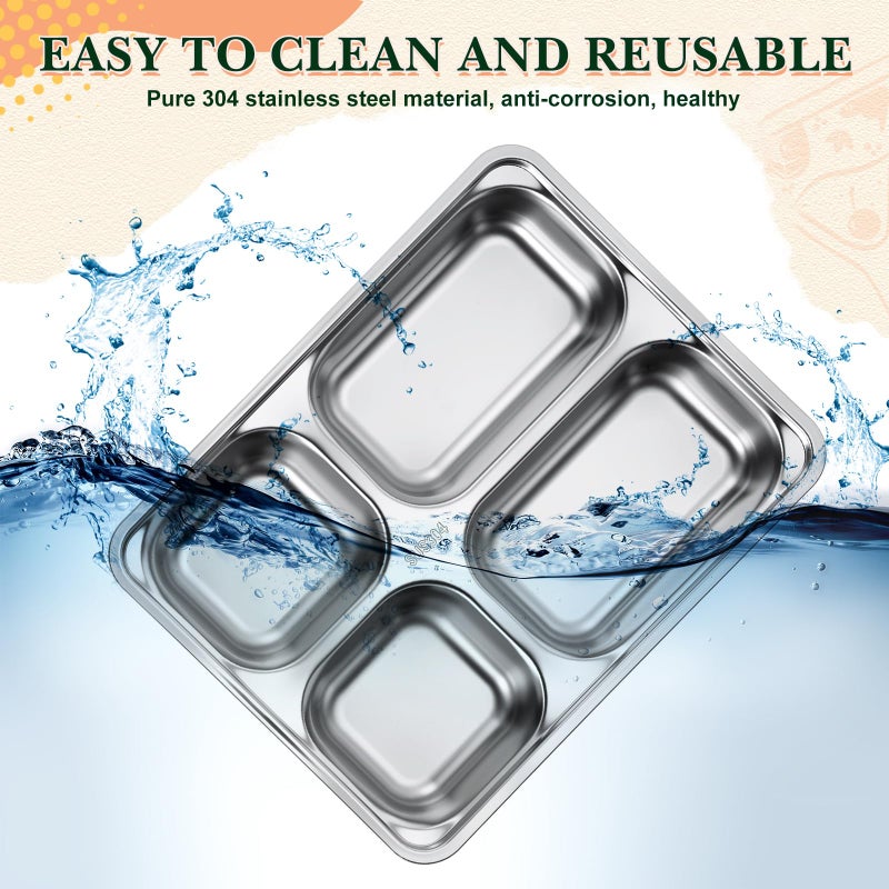 Foaincore 8 Pack 304 Stainless Steel Divided Plates Rectangular Portion Control Plates with Compartments Unbreakable Metal Food Tray for Lunch, Dinner, Camping, Heavy Gauge (4 Compartment) - Image 5