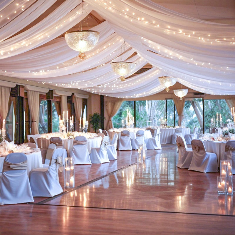 Shillance 6 Panels White Ceiling Drapes with Lights for Weddings Ceiling Drapes 5ftx10ft Wedding Photo Backgrounds Sheer Curtains Tulle Tent Drapery Wedding Decorations for Party Ceremony Stage Swag - Image 1