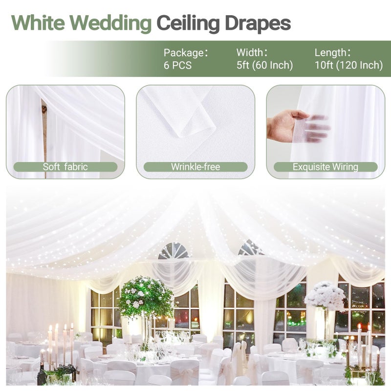 Shillance 6 Panels White Ceiling Drapes with Lights for Weddings Ceiling Drapes 5ftx10ft Wedding Photo Backgrounds Sheer Curtains Tulle Tent Drapery Wedding Decorations for Party Ceremony Stage Swag - Image 4