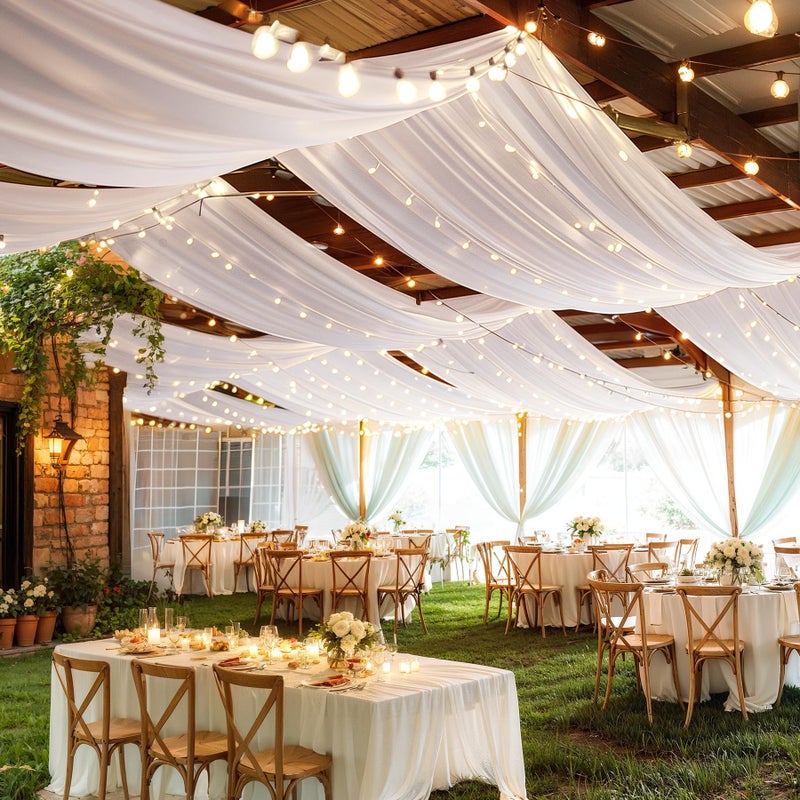 Shillance 6 Panels White Ceiling Drapes with Lights for Weddings Ceiling Drapes 5ftx10ft Wedding Photo Backgrounds Sheer Curtains Tulle Tent Drapery Wedding Decorations for Party Ceremony Stage Swag - Image 2