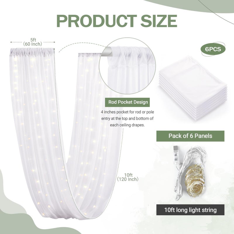 Shillance 6 Panels White Ceiling Drapes with Lights for Weddings Ceiling Drapes 5ftx10ft Wedding Photo Backgrounds Sheer Curtains Tulle Tent Drapery Wedding Decorations for Party Ceremony Stage Swag - Image 5