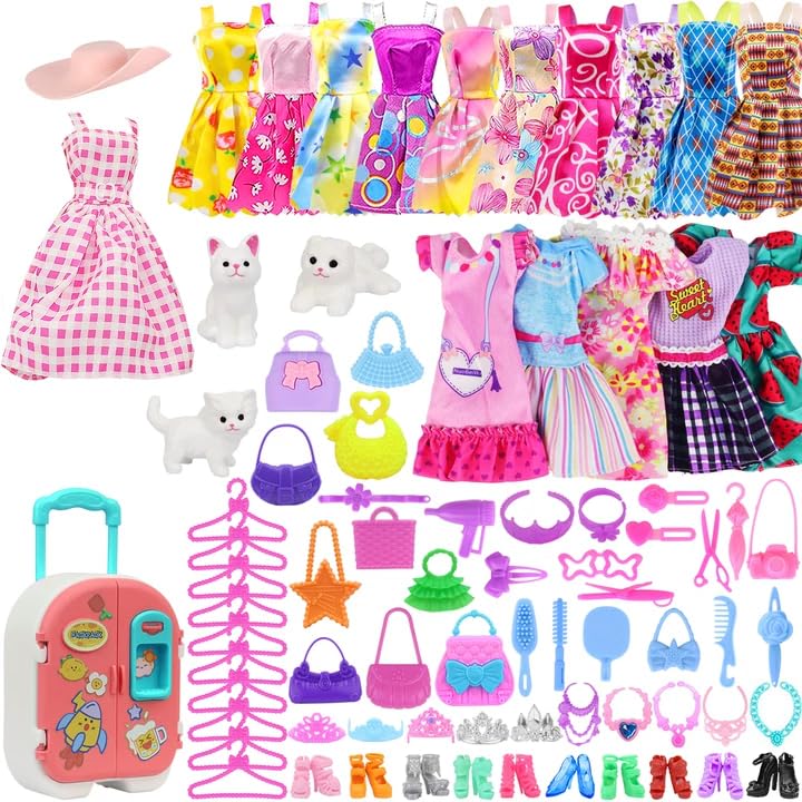 K. T. Fancy K.T. Fancy 83 Pcs Dolls & Accessories with Purple Closet Wardrobe for 11.5 Inch Doll Dress Up Set Including Wardrobe Shoes, Wallet, Dress Hangers, Brush, Necklace, Pet and Other Accessories - Image 3