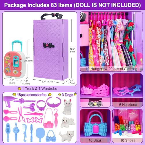K. T. Fancy K.T. Fancy 83 Pcs Dolls & Accessories with Purple Closet Wardrobe for 11.5 Inch Doll Dress Up Set Including Wardrobe Shoes, Wallet, Dress Hangers, Brush, Necklace, Pet and Other Accessories - Image 2