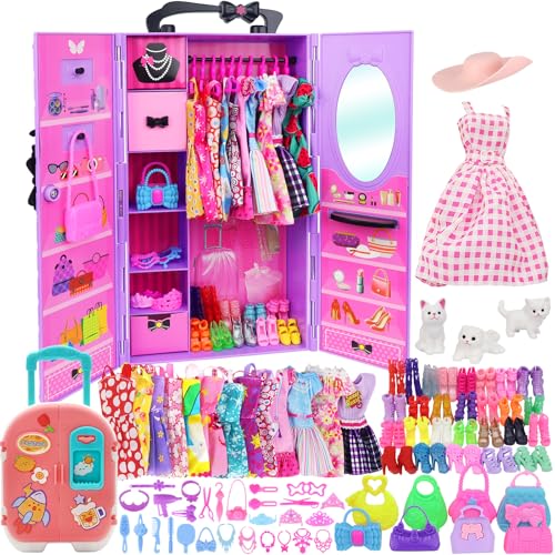 K. T. Fancy K.T. Fancy 83 Pcs Dolls & Accessories with Purple Closet Wardrobe for 11.5 Inch Doll Dress Up Set Including Wardrobe Shoes, Wallet, Dress Hangers, Brush, Necklace, Pet and Other Accessories - Image 1