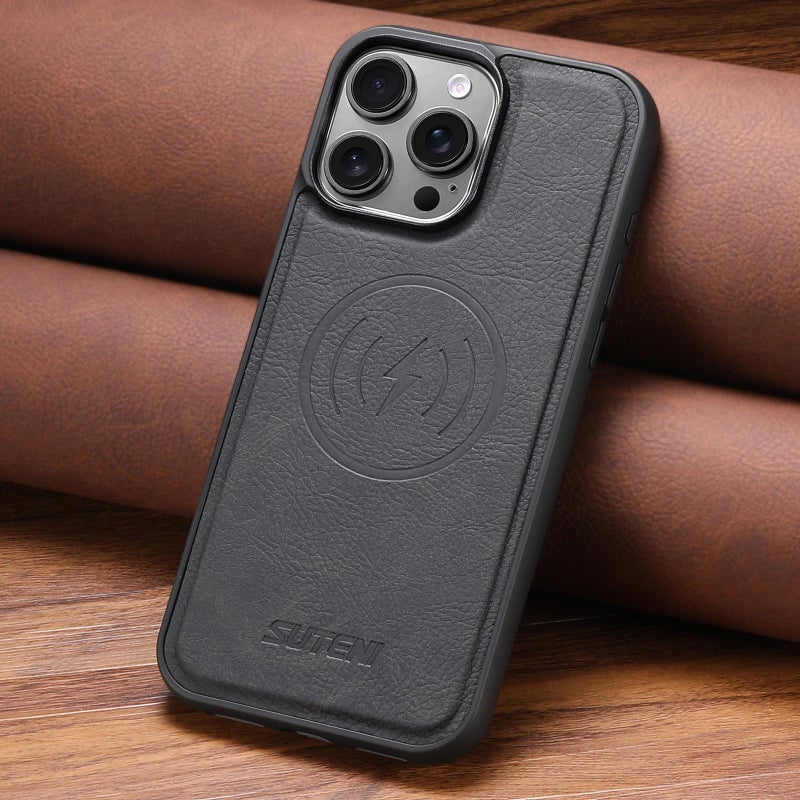 Suteni For Iphone Air G5 Litchi Leather Magnetic Magsafe Phone Case(Black) - Image 2