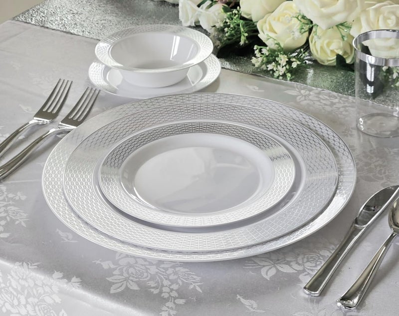 OCCASIONS FINEST PLASTIC TABLEWARE " OCCASIONS " 200pcs set (25 Guests)-Heavyweight Wedding Party Disposable Plastic Plate Set -25 x10.5'' + 25 x7.5'' +Silverware +Cups +linen like paper Napkins (Diamond White & Silver) - Image 3