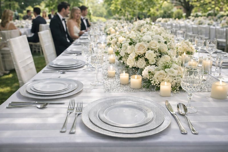 OCCASIONS FINEST PLASTIC TABLEWARE " OCCASIONS " 200pcs set (25 Guests)-Heavyweight Wedding Party Disposable Plastic Plate Set -25 x10.5'' + 25 x7.5'' +Silverware +Cups +linen like paper Napkins (Diamond White & Silver) - Image 5