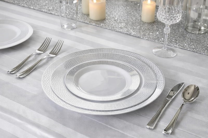 OCCASIONS FINEST PLASTIC TABLEWARE " OCCASIONS " 200pcs set (25 Guests)-Heavyweight Wedding Party Disposable Plastic Plate Set -25 x10.5'' + 25 x7.5'' +Silverware +Cups +linen like paper Napkins (Diamond White & Silver) - Image 2