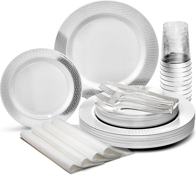 OCCASIONS FINEST PLASTIC TABLEWARE " OCCASIONS " 200pcs set (25 Guests)-Heavyweight Wedding Party Disposable Plastic Plate Set -25 x10.5'' + 25 x7.5'' +Silverware +Cups +linen like paper Napkins (Diamond White & Silver) - Image 1