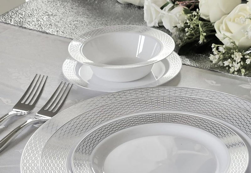 OCCASIONS FINEST PLASTIC TABLEWARE " OCCASIONS " 200pcs set (25 Guests)-Heavyweight Wedding Party Disposable Plastic Plate Set -25 x10.5'' + 25 x7.5'' +Silverware +Cups +linen like paper Napkins (Diamond White & Silver) - Image 4