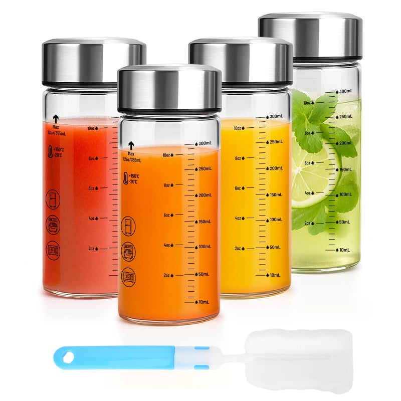 Luxfuel 12 oz Glass Juice Bottles with Lids - 4 Pack Wide Mouth Borosilicate Glass Water Bottles with Stainless Steel Lids for Juicing, Smoothies, Infused Water, Milk, Leakproof & Reusable, BPA-Free - Image 1
