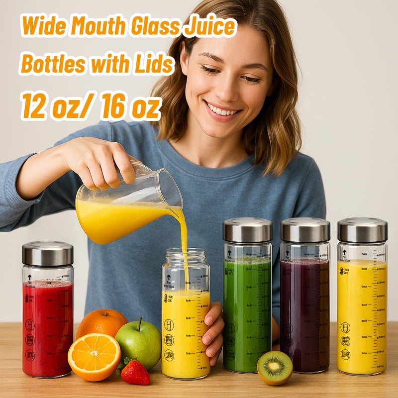 Luxfuel 12 oz Glass Juice Bottles with Lids - 4 Pack Wide Mouth Borosilicate Glass Water Bottles with Stainless Steel Lids for Juicing, Smoothies, Infused Water, Milk, Leakproof & Reusable, BPA-Free - Image 5