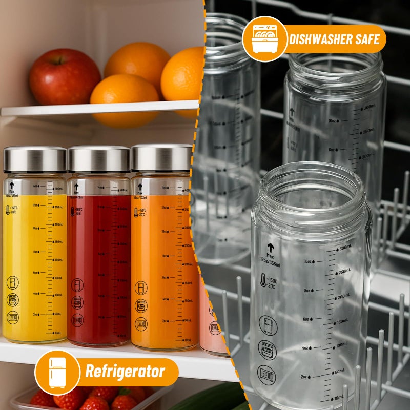 Luxfuel 12 oz Glass Juice Bottles with Lids - 4 Pack Wide Mouth Borosilicate Glass Water Bottles with Stainless Steel Lids for Juicing, Smoothies, Infused Water, Milk, Leakproof & Reusable, BPA-Free - Image 4