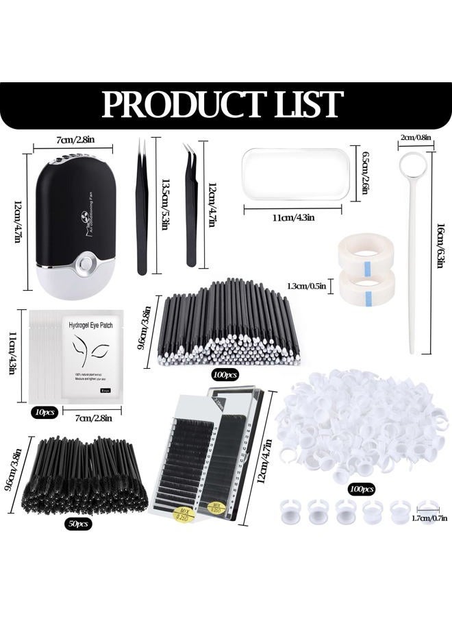 QUKLOGEN Eyelash Extension Supplies Kit with Individual Lash 0.07D Curl Mix 7-15mm USB Lash Fan Dryer Gel Patch Silicone Holder Pad Tweezers Mirror Disposable Mascara Brush Mini Applicator Glue Ring Tapes - Image 2