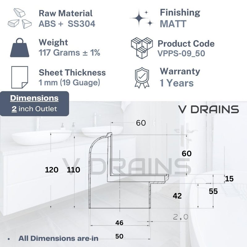 V Drains 50 mm (2 inches) Roof/Balcony/Terrace/Bathroom Side Wall Corner Parapet Scupper L Shape Drain in ABS + SS304 Grating with Horizontal/Vertical Outlet - Image 3