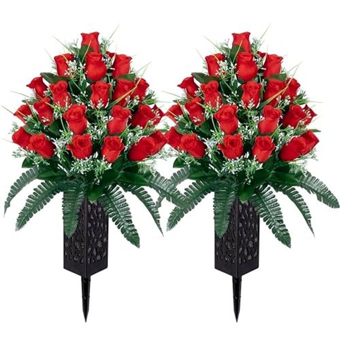 2 SETS ARTIFICIAL CEMETERY FLOWERSOUTDOOR GRAVE DECORATIONS ROSESBEAUTIFUL ARRANGEMENTS BOUQUET WITH CEMETERY VASELASTING AND NONBLEED COLORS RED